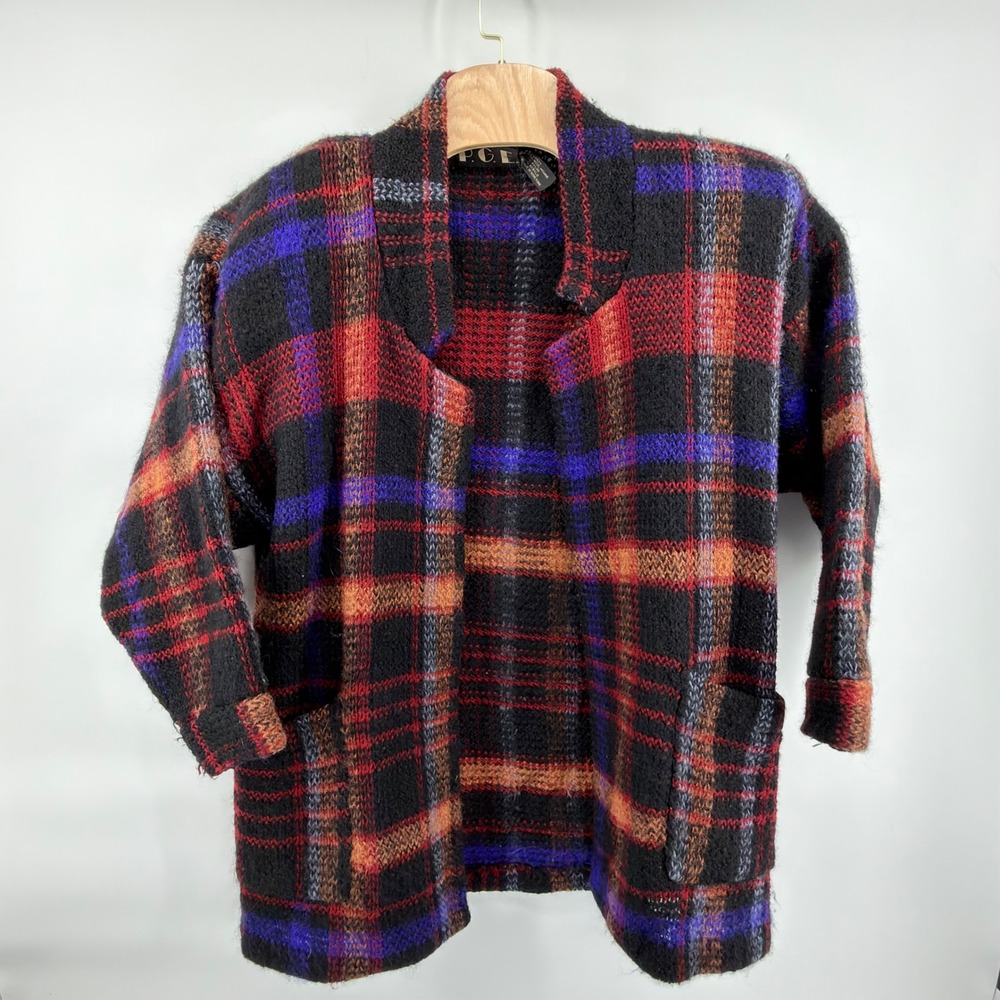 P.G.E. Cardigan Womens M Black Red Purple Orange Plaid Wool Mohair Blend Vintage